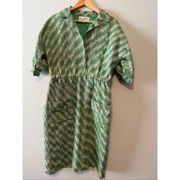 Vintage Fiandaca Couturier 8 Knee Length Dress Green Gold Ikat Zig Zag 60's Mod - Picture 2 of 16